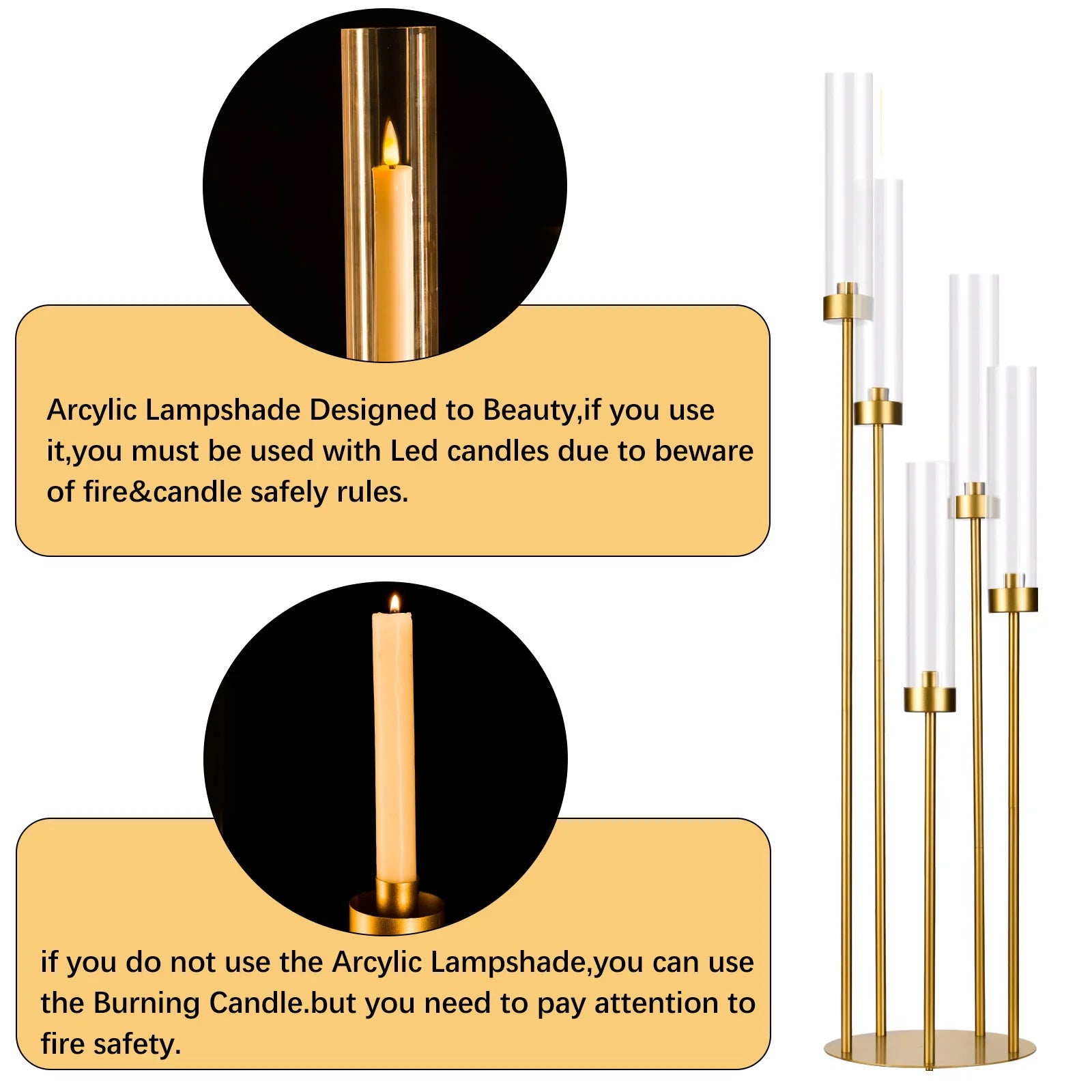 Gold Floor Candelabra 5 Arm Tall Candle Holder with Acrylic Lampshade for Wedding Table Birthday Party Decoration 10PCS TAVEN System LLC
