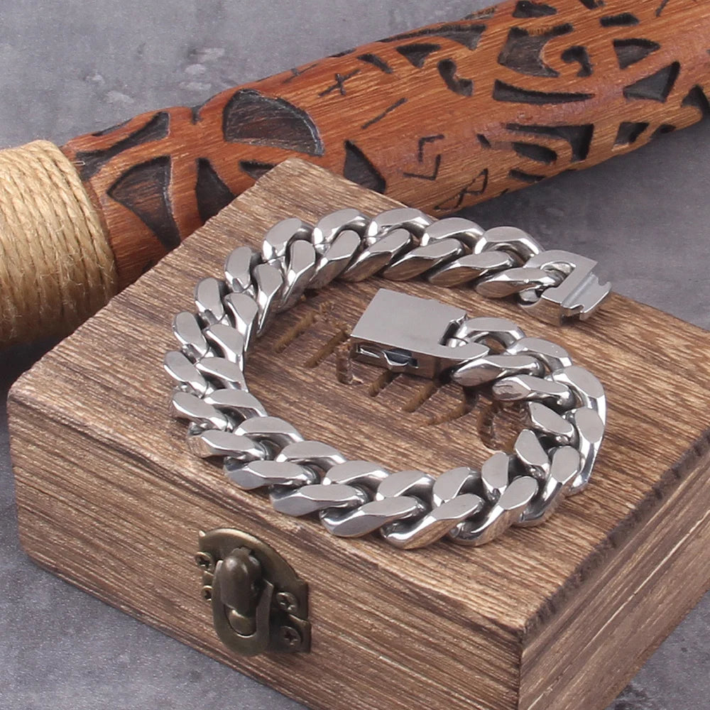 Never Fade Stainless Steel Vikings Bracelets For Men Blank Color Punk Curb Cuban Link Chain Bracelets with gift wooden box TAVEN System LLC