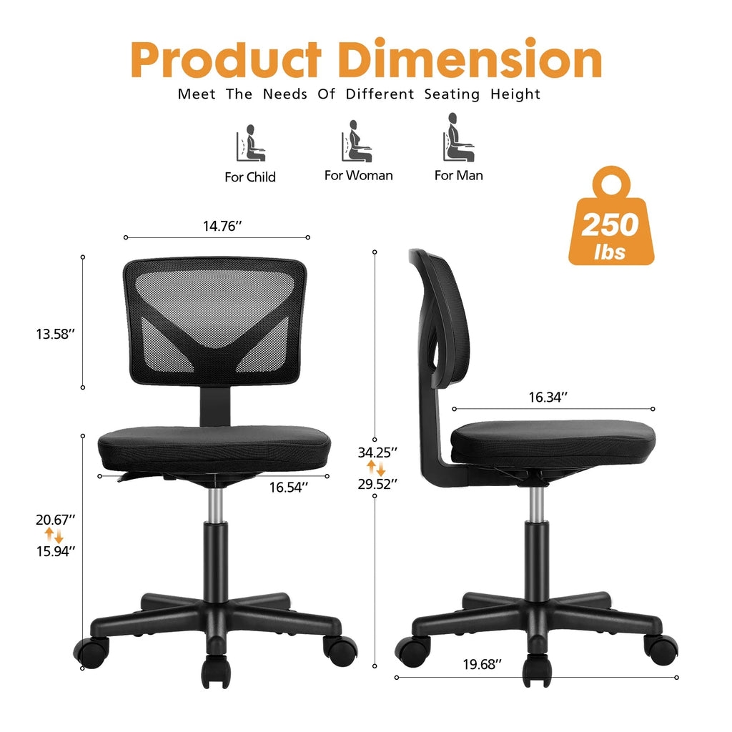 JHK Armless Mesh Office Chair with Lumbar Support and Wheels TAVEN System LLC