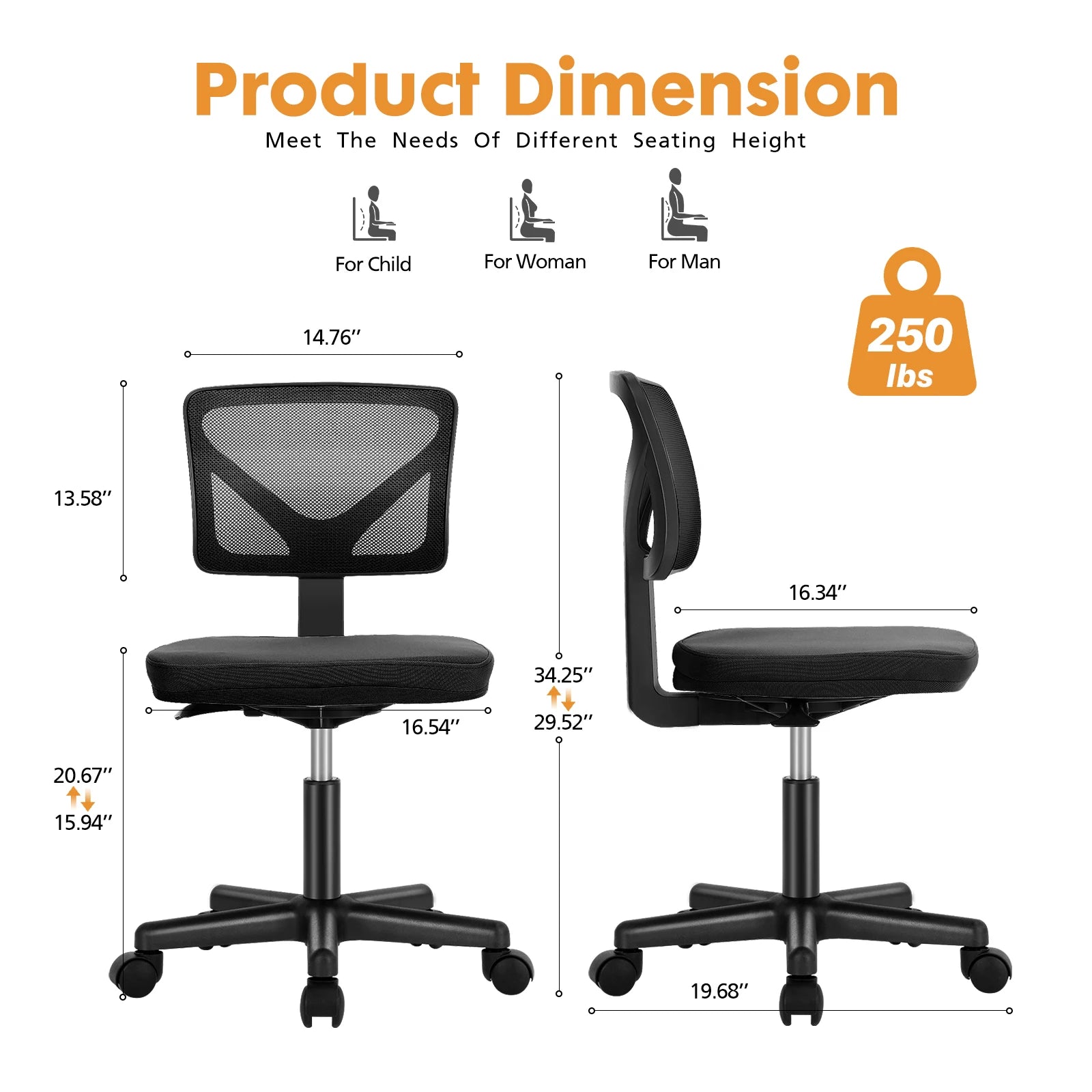 JHK Armless Mesh Office Chair with Lumbar Support and Wheels TAVEN System LLC