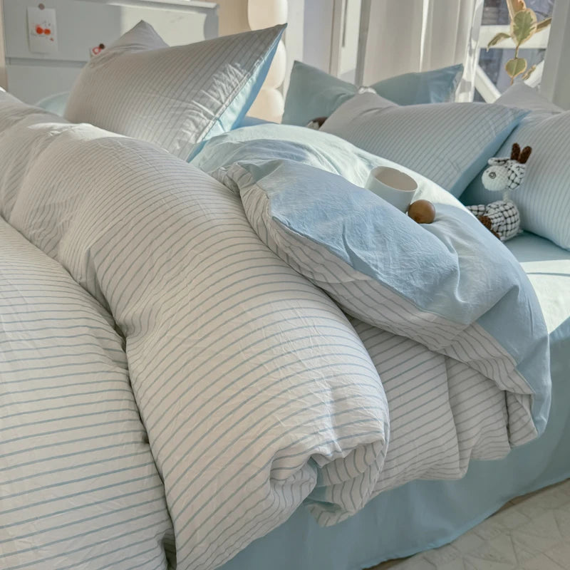 Soft Washed Cotton Bedding Set Striped Style Duvet Cover Sets with Quilt Cover Bedsheet Pillowcase 100% Cotton Bed Sheet Sets TAVEN System LLC