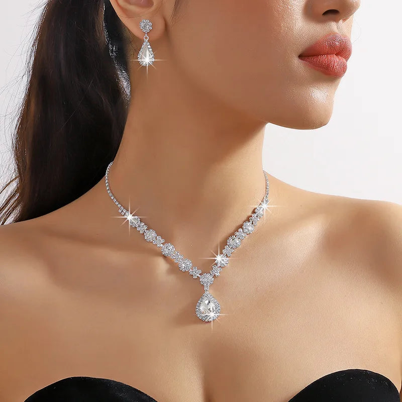 3 pieces of women's crystal droplet necklace with earrings set for wedding evening dress accessories TAVEN System LLC