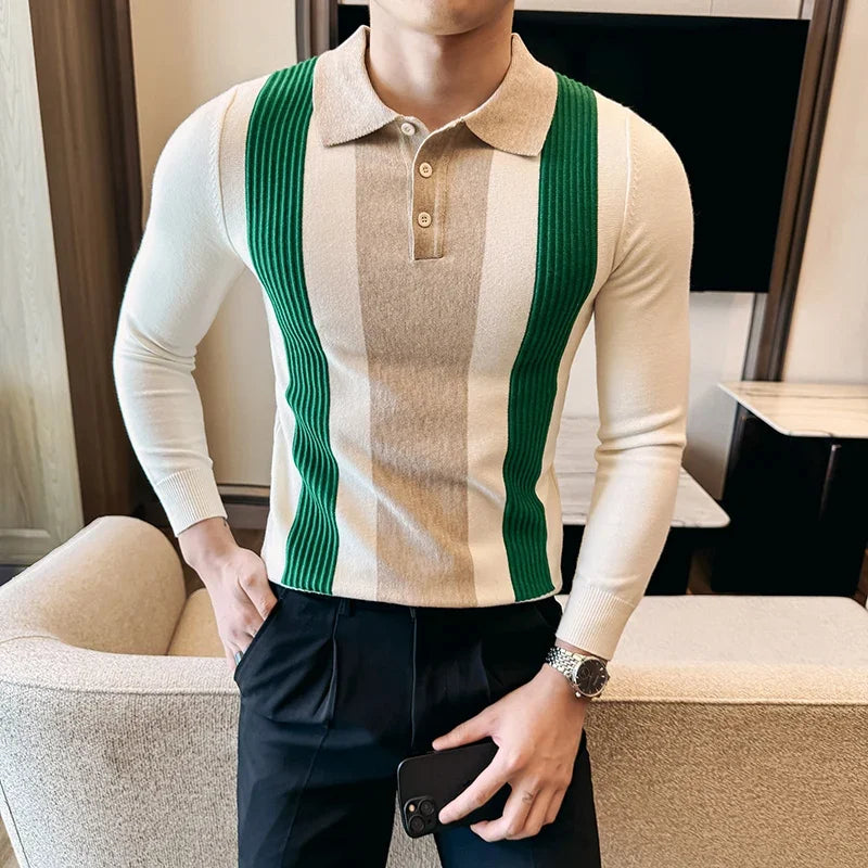 Men Knitted Polo Shirt Long Sleeve Stripe Zipper Slim Fit Sweater