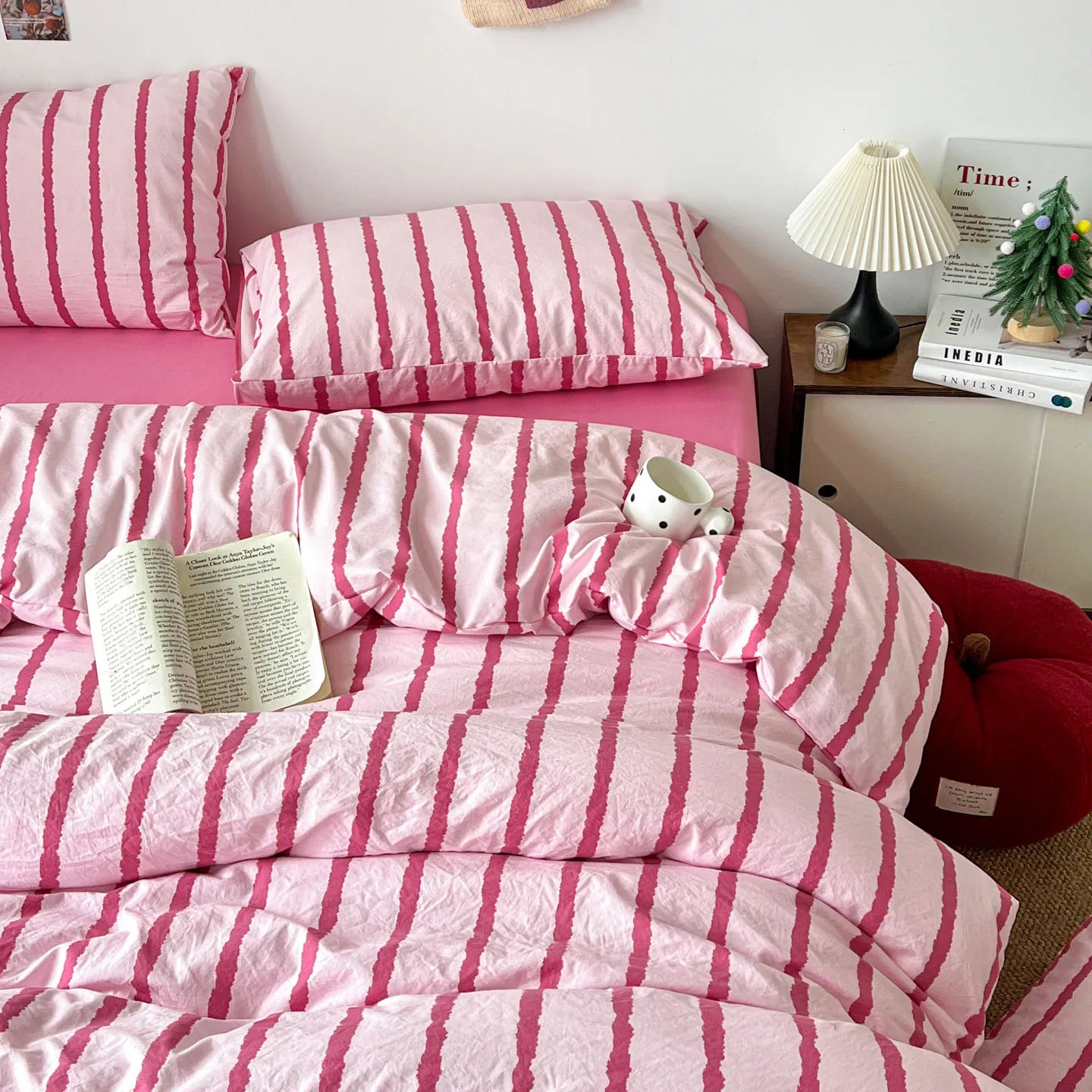 3pcs Simple Pink Striped Duvet Cover Set with 2 Pillowcases Soft Washed Cotton Bedding Set For Girls 150x200cm Bedroom Decor TAVEN System LLC