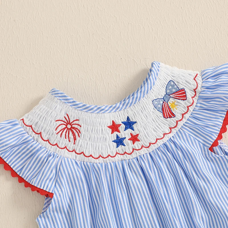 Baby Girl Striped Fly Sleeve Romper with Stars and Bow Outfit