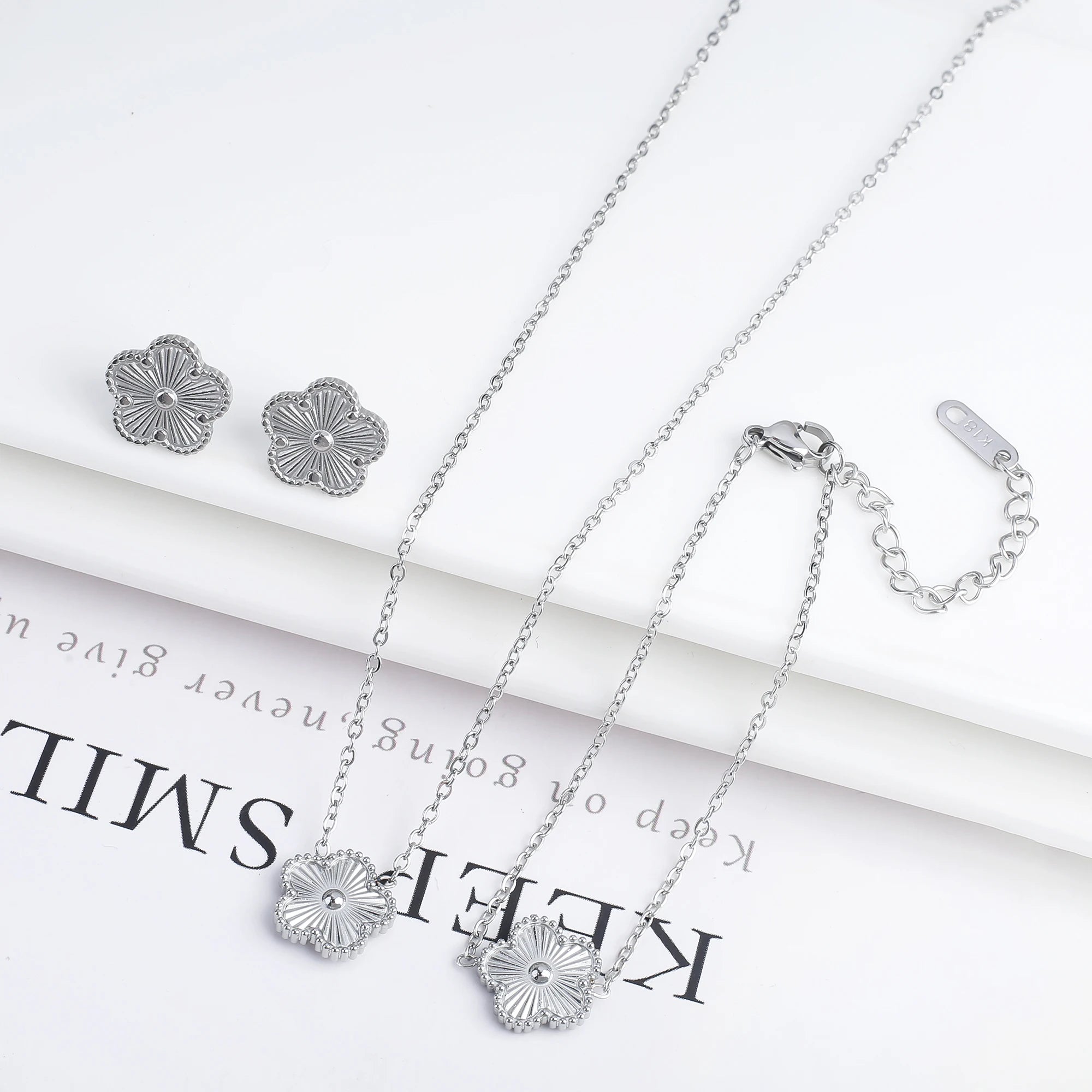 Simple 316L Stainless Steel Flower Five Leaf Necklace Bracelet Earrings 18K Gold Plated Jewelry Set for Women Girl Gift Clover TAVEN System LLC