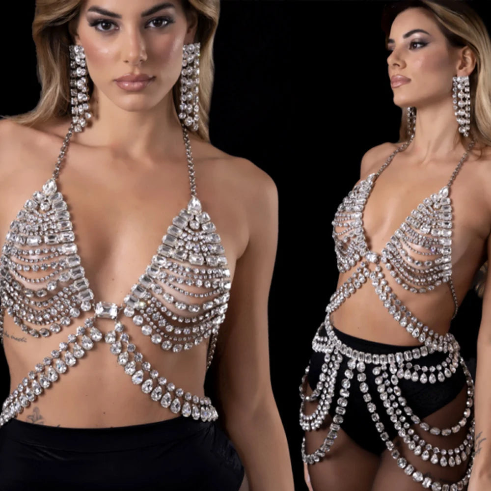 Stonefans Exaggerated Layered Body Chain Set Lingerie Jewelry Bra Top Dress Thong Rave Fashion Chest Chain and Thong Set Bikini TAVEN System LLC