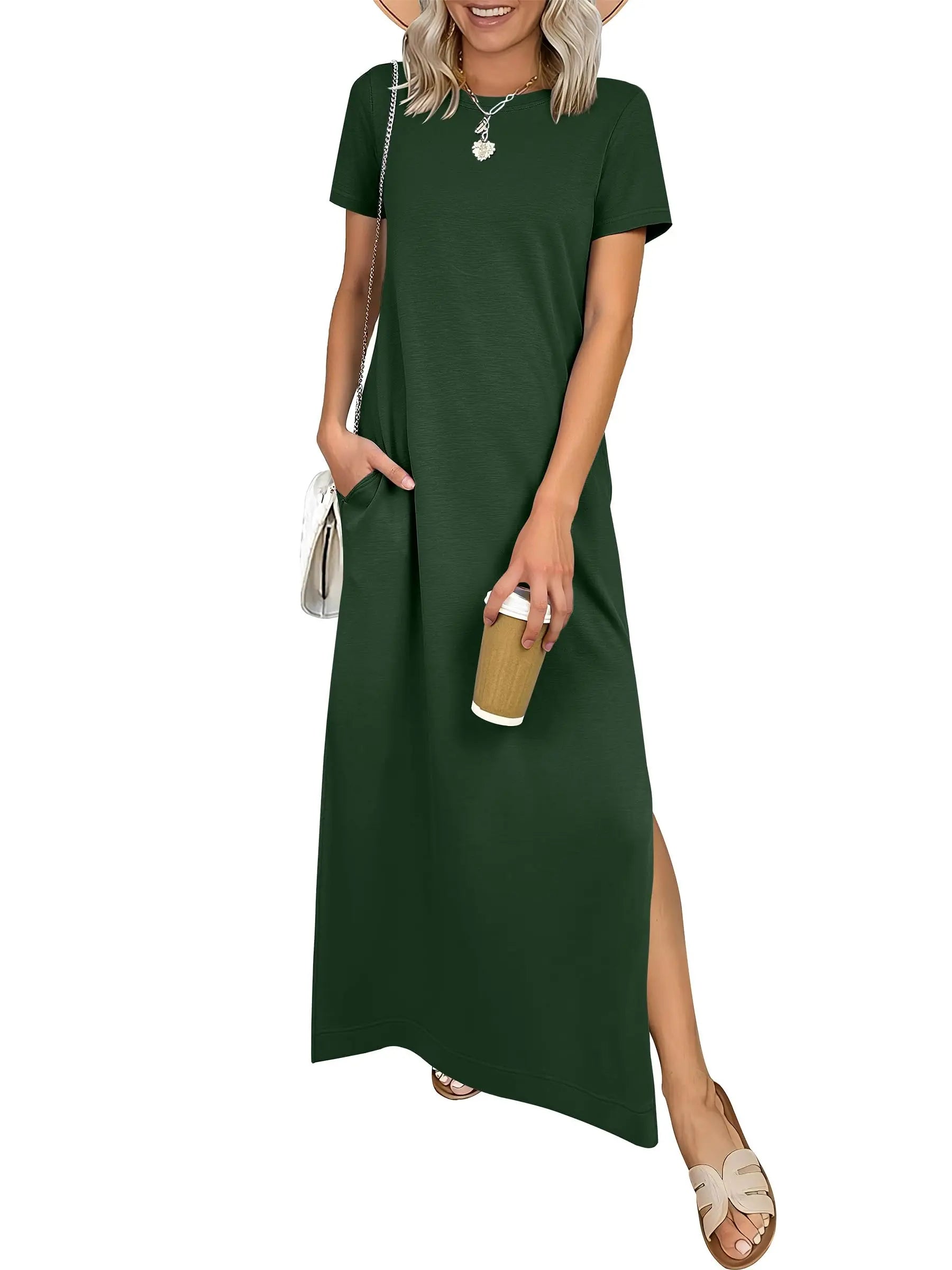 Women Short Sleeve Maxi Dress Crew Neck Side Split Casual Loose Dress