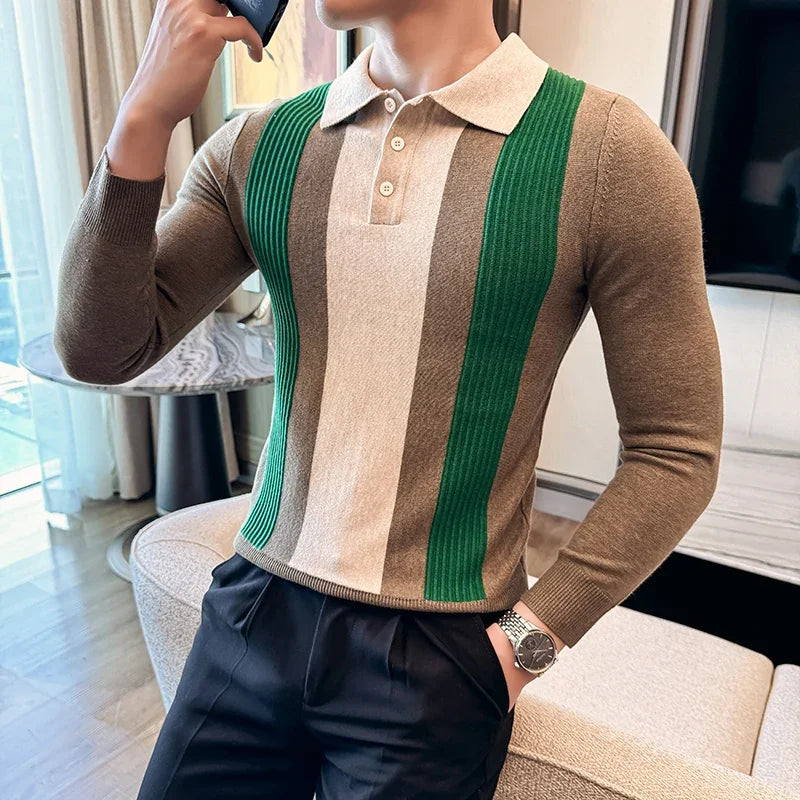 Men Knitted Polo Shirt Long Sleeve Stripe Zipper Slim Fit Sweater