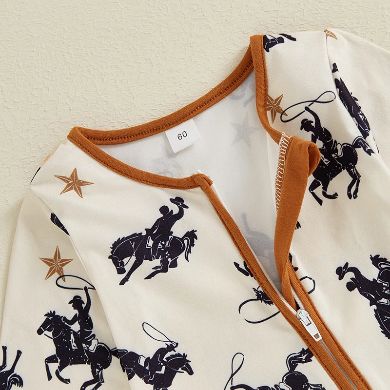 Baby Boy Western Cowboy Print Long Sleeve Zipper Romper Outfit