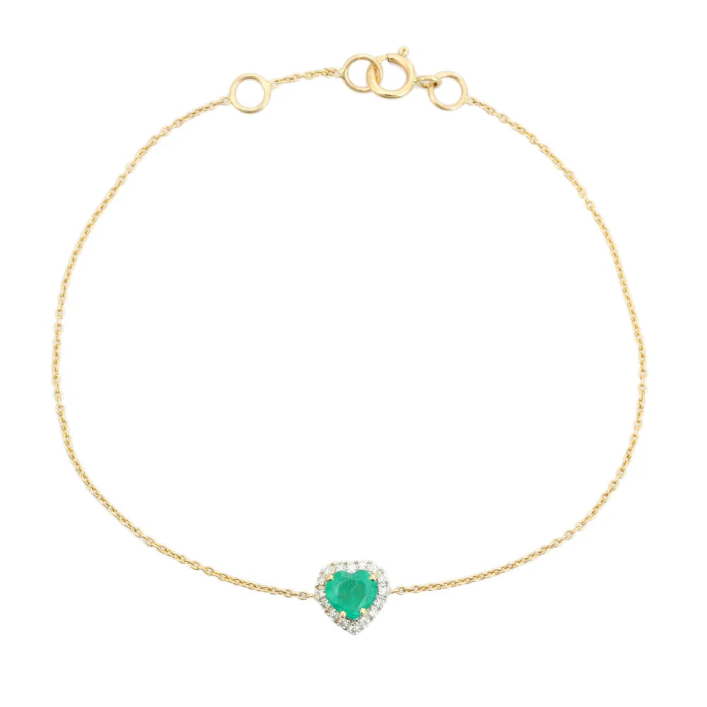 Latest Trending Products Zambian Emerald & Diamond K14 Solid Yellow Gold Spring Lock Heart Halo Bracelet Bulk Fine Jewelry TAVEN System LLC