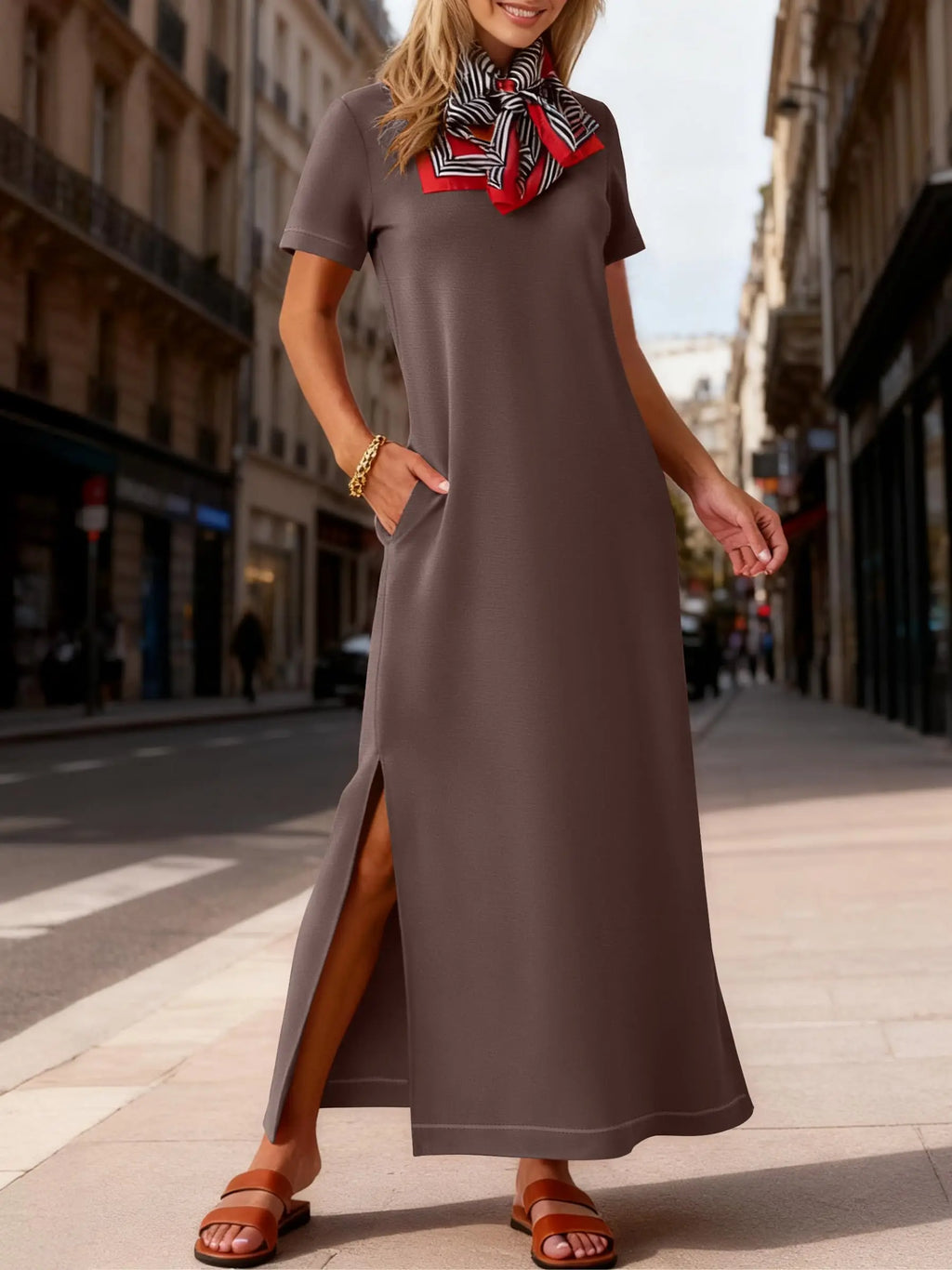 Women Short Sleeve Maxi Dress Crew Neck Side Split Casual Loose Dress
