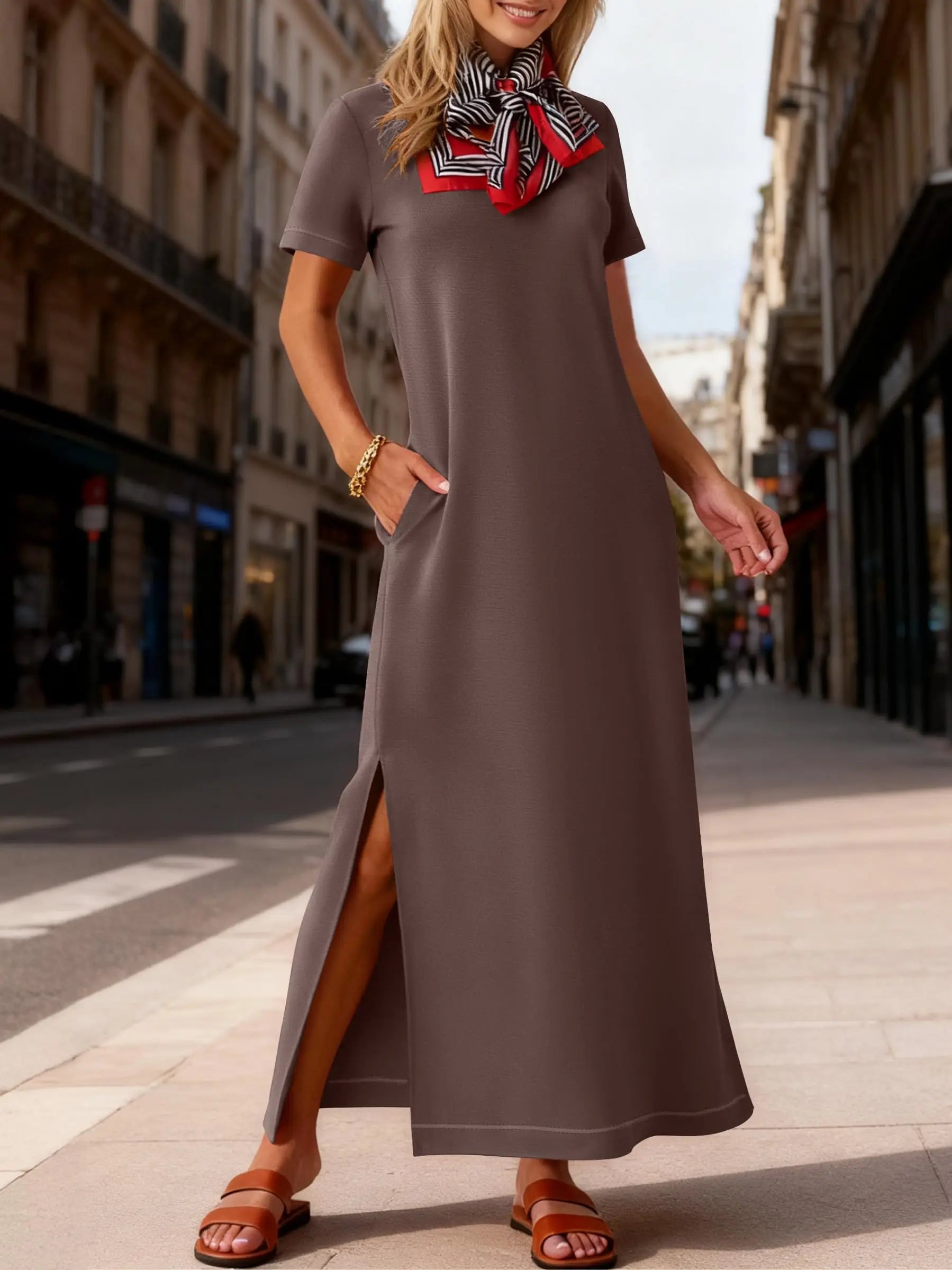 Women Short Sleeve Maxi Dress Crew Neck Side Split Casual Loose Dress