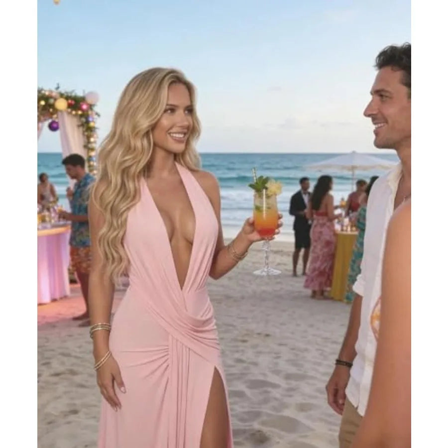 Women Deep V Neck Halter Maxi Dress Backless Ruched High Split Cocktail Party Formal Prom Gown Wedding Guest Dress TAVEN System LLC