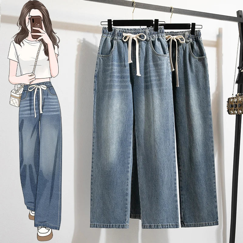 Women's High Waist Wide Leg c Drawstring Jeans Pants TAVEN System LLC