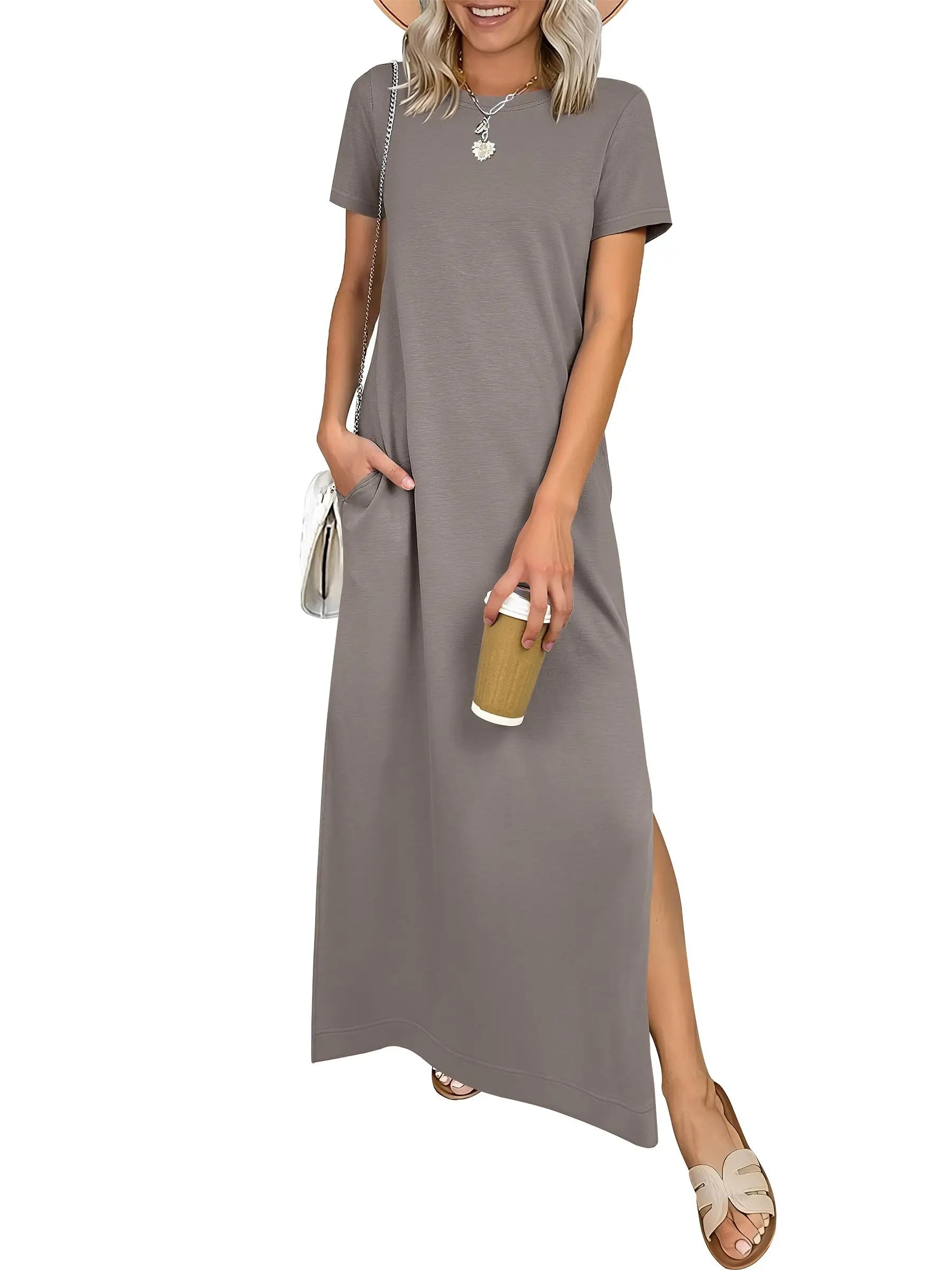 Women Short Sleeve Maxi Dress Crew Neck Side Split Casual Loose Dress