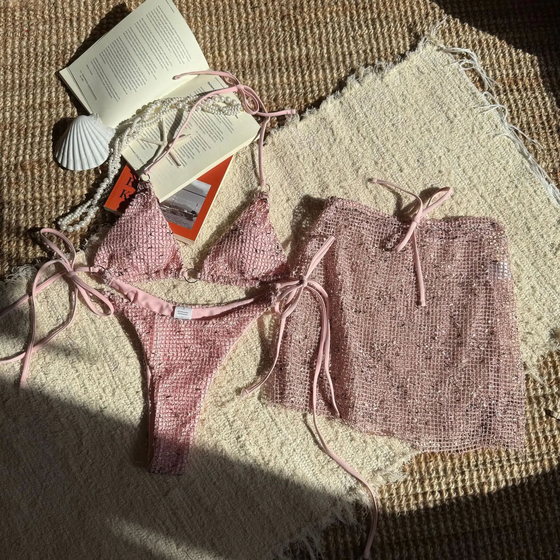2025 New Summer Halter Bikini 3 Pieces Women Special Material Sexy Thong Swimwear with Sarong Skirt Solid Pink Beachwear TAVEN System LLC