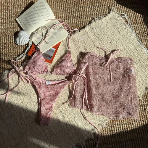 2025 New Summer Halter Bikini 3 Pieces Women Special Material Sexy Thong Swimwear with Sarong Skirt Solid Pink Beachwear TAVEN System LLC