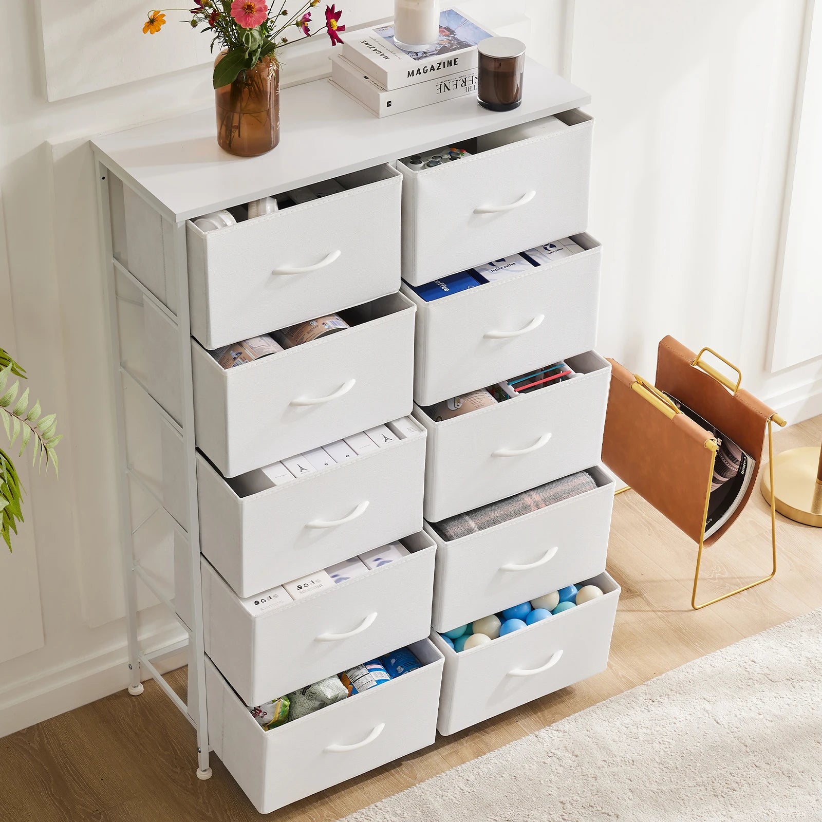 JHK white fabric dresser with 5/7/10 storage drawers for bedroom