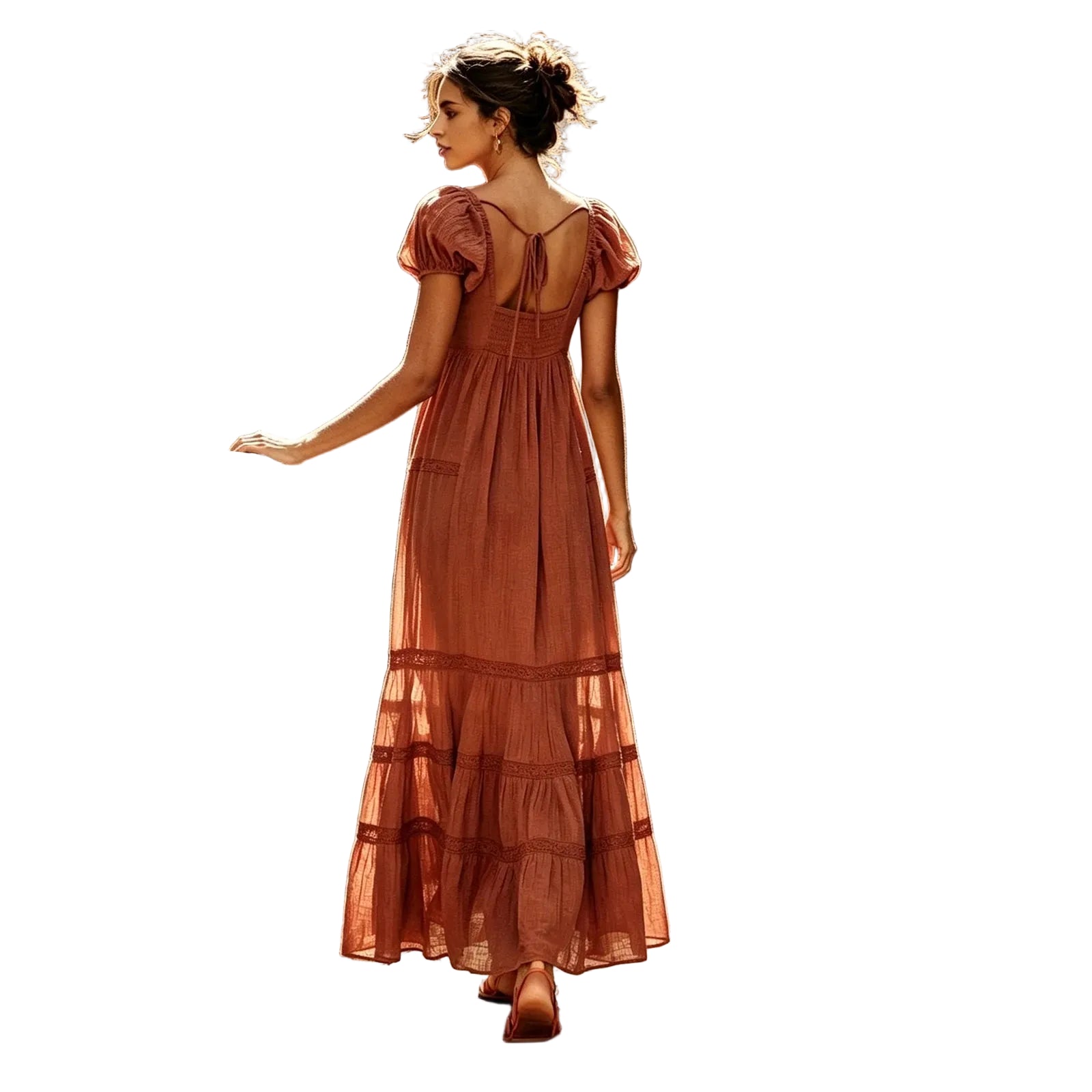 Women V Neck Lace Puff Sleeve Maxi Dress Flowy Elegant Party Gown
