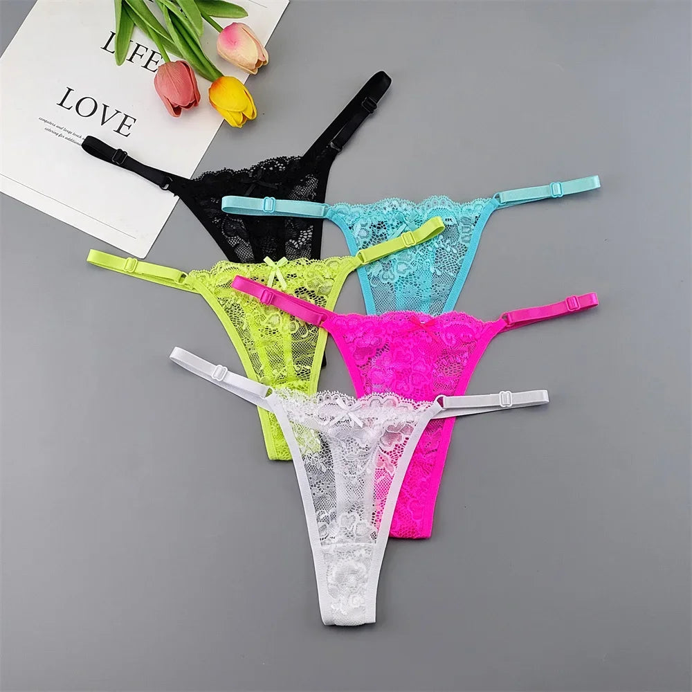 5PCS Free Shipping Seamless Women Thong Panties Adjust Belt Sexy Ice Silk G-string Lady Low Waist Lace Bikini T-back Plus Size TAVEN System LLC