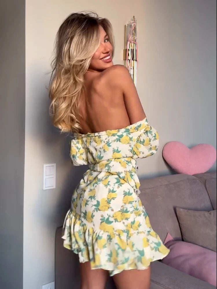 Chic Ruffle Print Slim Fit Dress Women Chic Flared sleeves V-neck Pleated Short Dresses 2026 Lady Summer Casual Daily Vestidos TAVEN System LLC