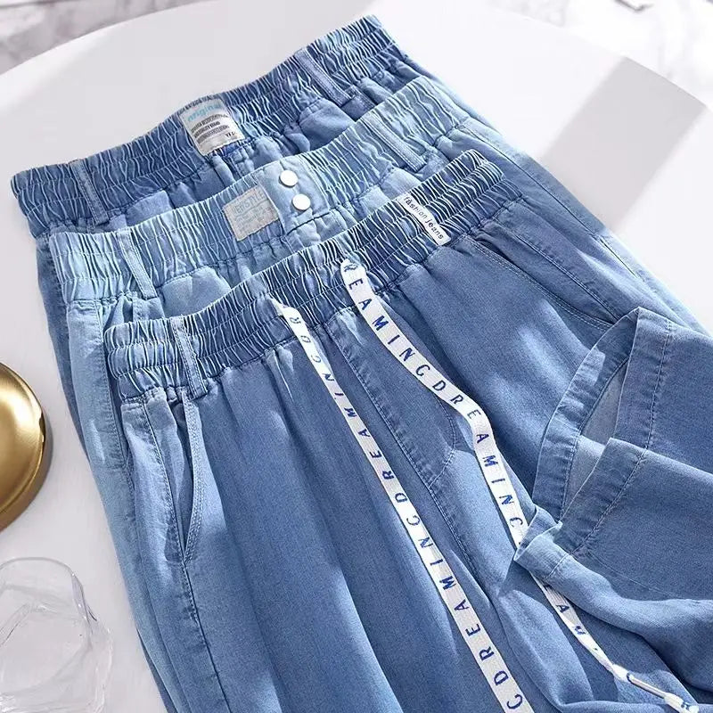 Women Plus Size Loose Fit Ice Silk Jeans Wide Leg Pants TAVEN System LLC