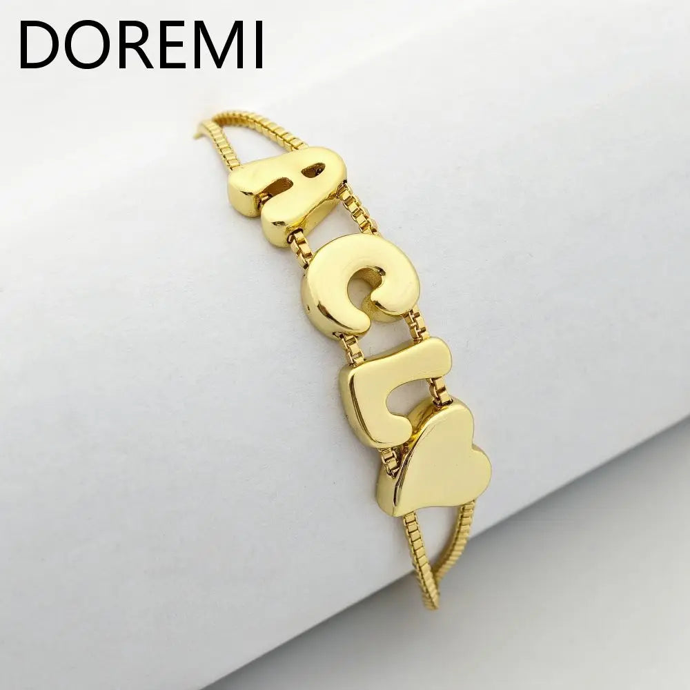 DOREMI Plain Letters Bubble Fat Initial Letter Name Bracelet Slide Beads Women Gold Bubble Custom Letter Bracelet Gift TAVEN System LLC