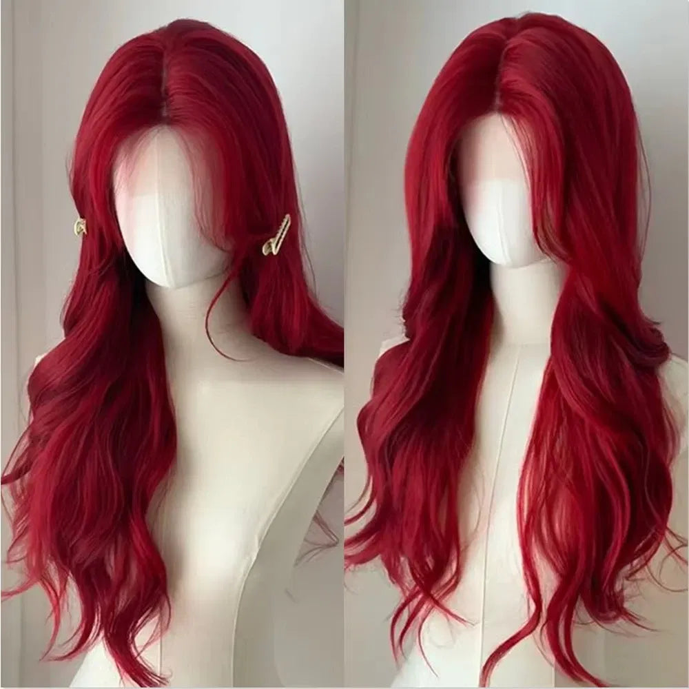 Color: #350 - Red Synthetic Wigs Long Body Wavy Wig Natural Hairline Daily Red Hair Heat Resistant Fiber Smooth Party Cosplay Wig Taven