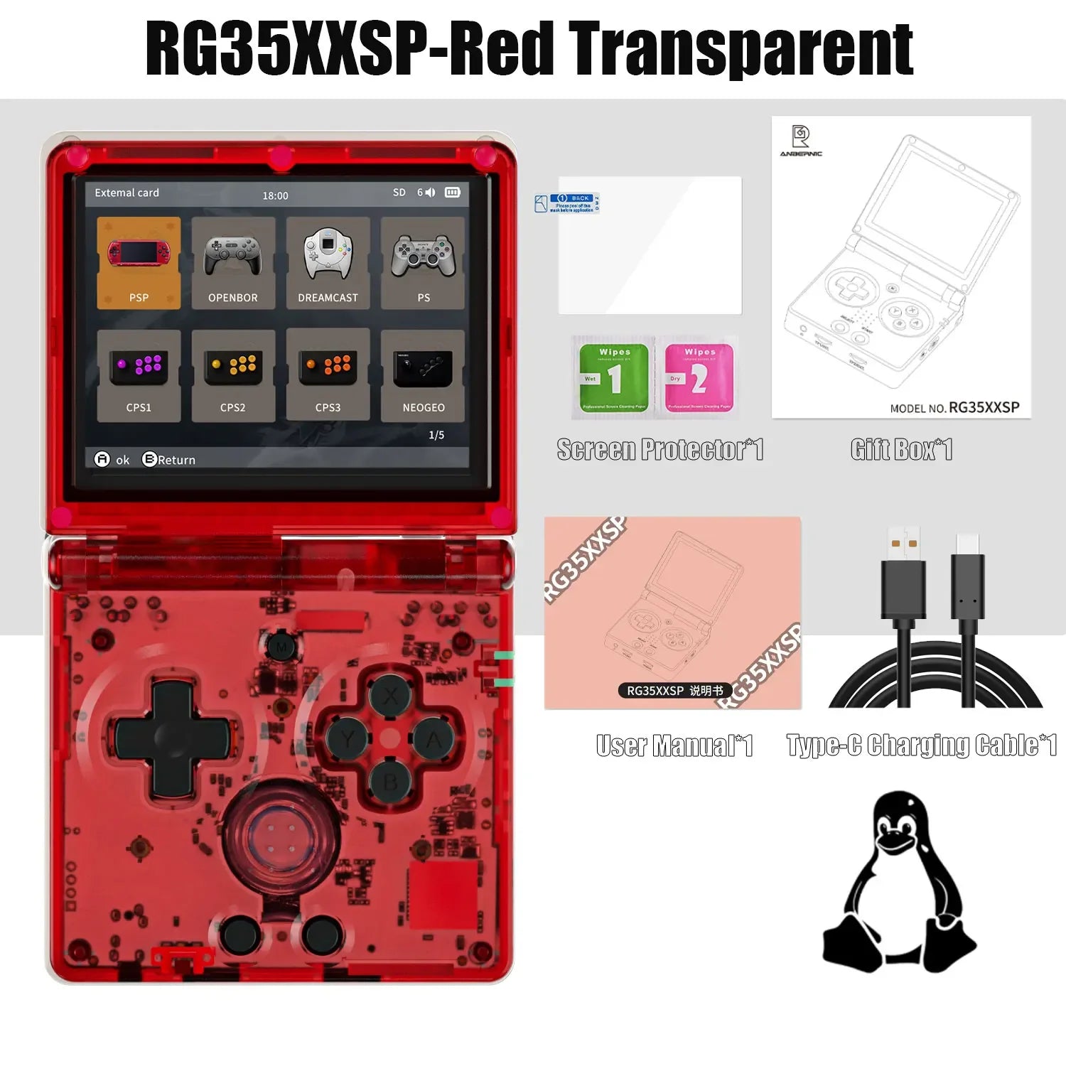 ANBERNIC RG35XXSP FILP 3.5 Inch IPS Screen Retro Game Console 64GB Built-in TF Card 3300mAh Battery Linux System HD TV Output Support Classic Casual Gaming  Built-in Hall Switch Chip TAVEN System LLC
