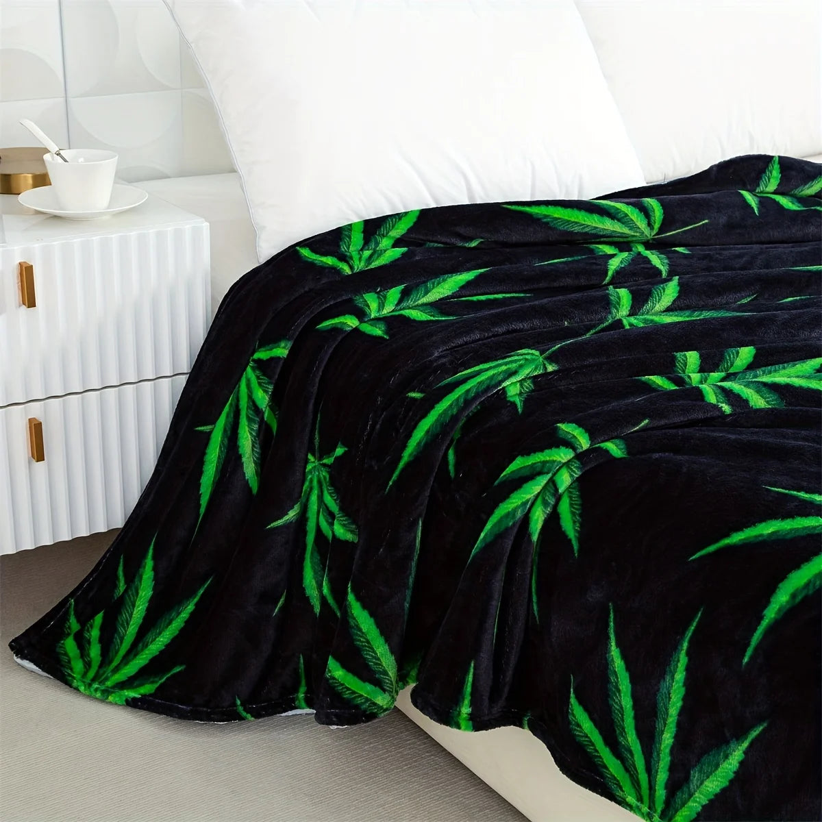 Neon Green Cannabis Leaf Blanket - Bold Black & Green Marijuana Print Design for Weed Enthusiasts & Cozy Lounging TAVEN System LLC