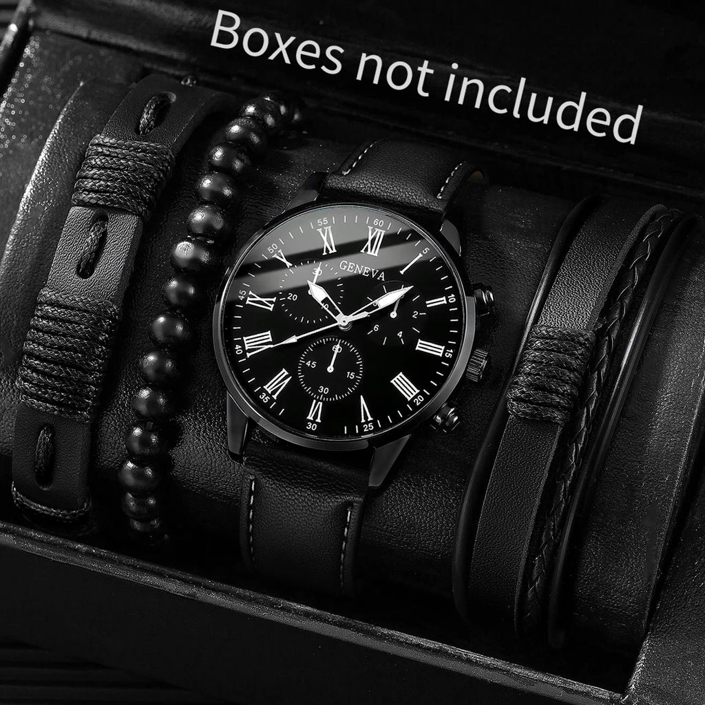 4PCS/Set Fashion Men's Business Watches Casual Leather Strap Quartz Wristwatches Vintage Bracelets Set Reloj Hombre（Without Box） - TAVEN System LLC