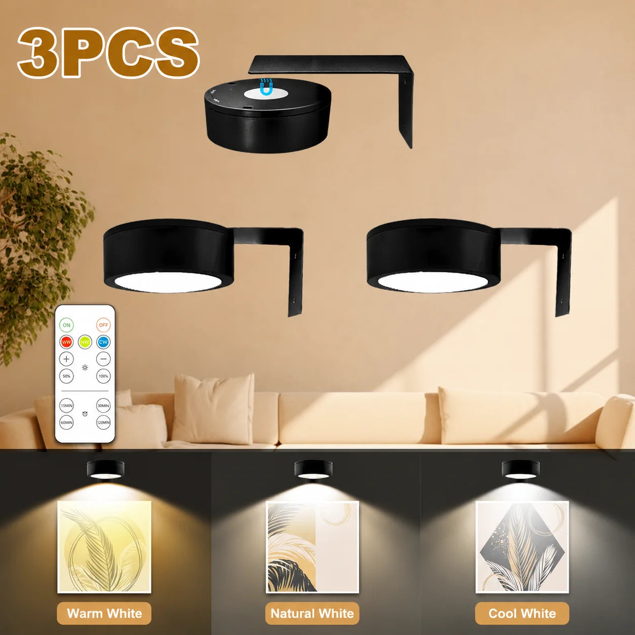 9-Pack Black Picture Lights for Wall, Battery Operated with Remote and Timer, 3 Color Temperatures & Dimmable, Art Display Light for Picture Frame Artworking Portrait，Wireless Wall Decor Puck Lights TAVEN System LLC