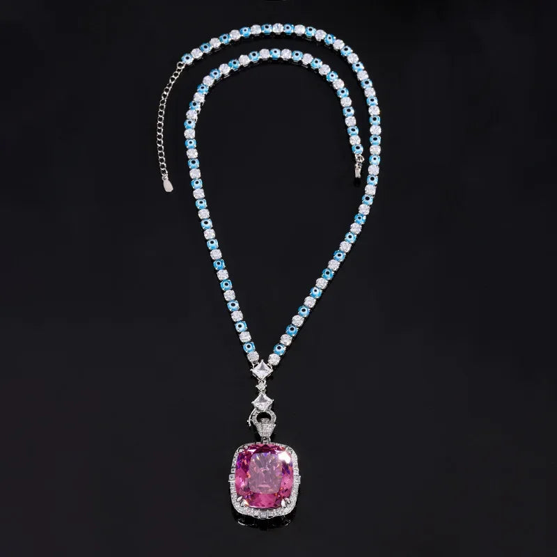 Exquisite Adjustable Ring Pendant Necklace Blue Pink High Carbon Drill Cushion Cut Jewelry in Elegant Style for Women Party Gift