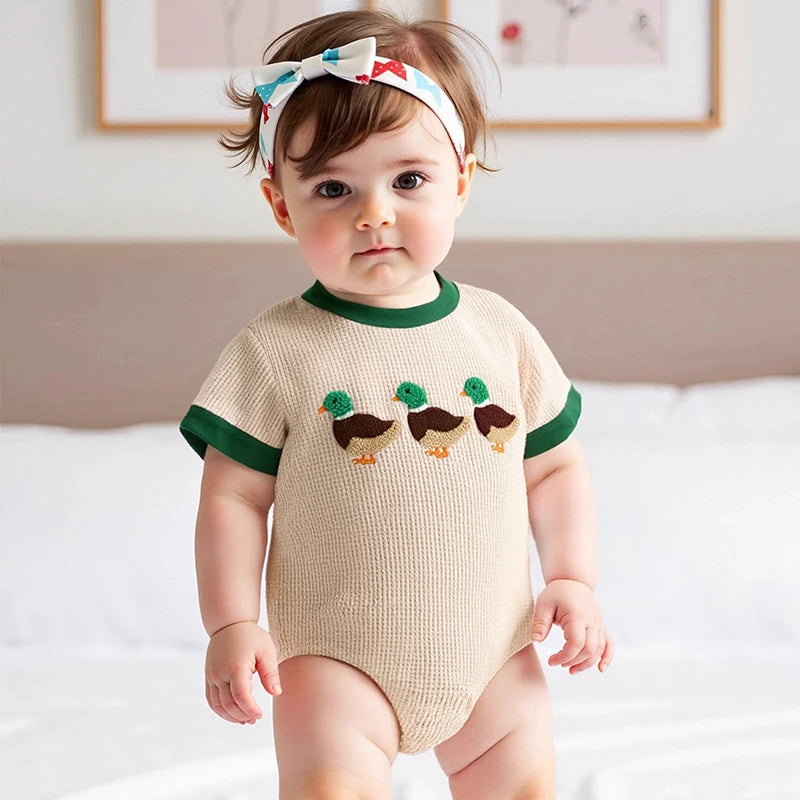 Baby Duck Embroidered Short Sleeve Unisex Cotton Romper Outfit