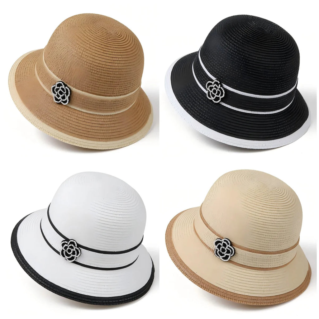 Women Straw Bucket Hat Floral Camellia Beach Sun Panama Cap TAVEN System LLC