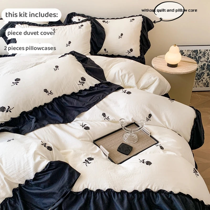 3pcs Rose Embroidered Duvet Cover Set (1*Duvet Cover + 2*Pillowcase, Without Core), Princess Style Lace Bedding Set TAVEN System LLC