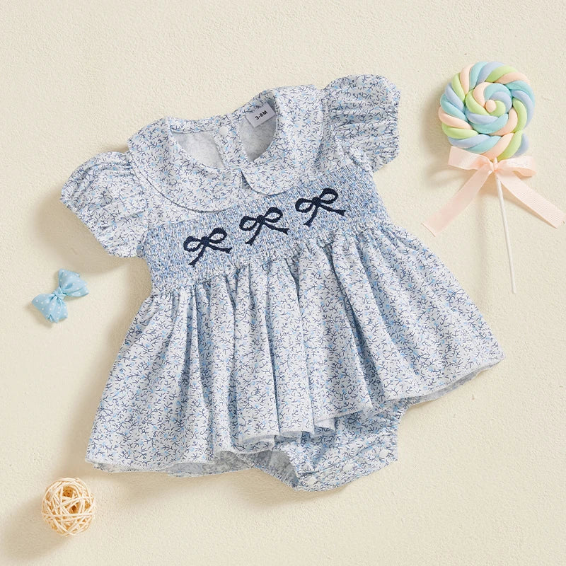Baby Girl Floral Romper Dress with Bow Embroidery Summer Outfit