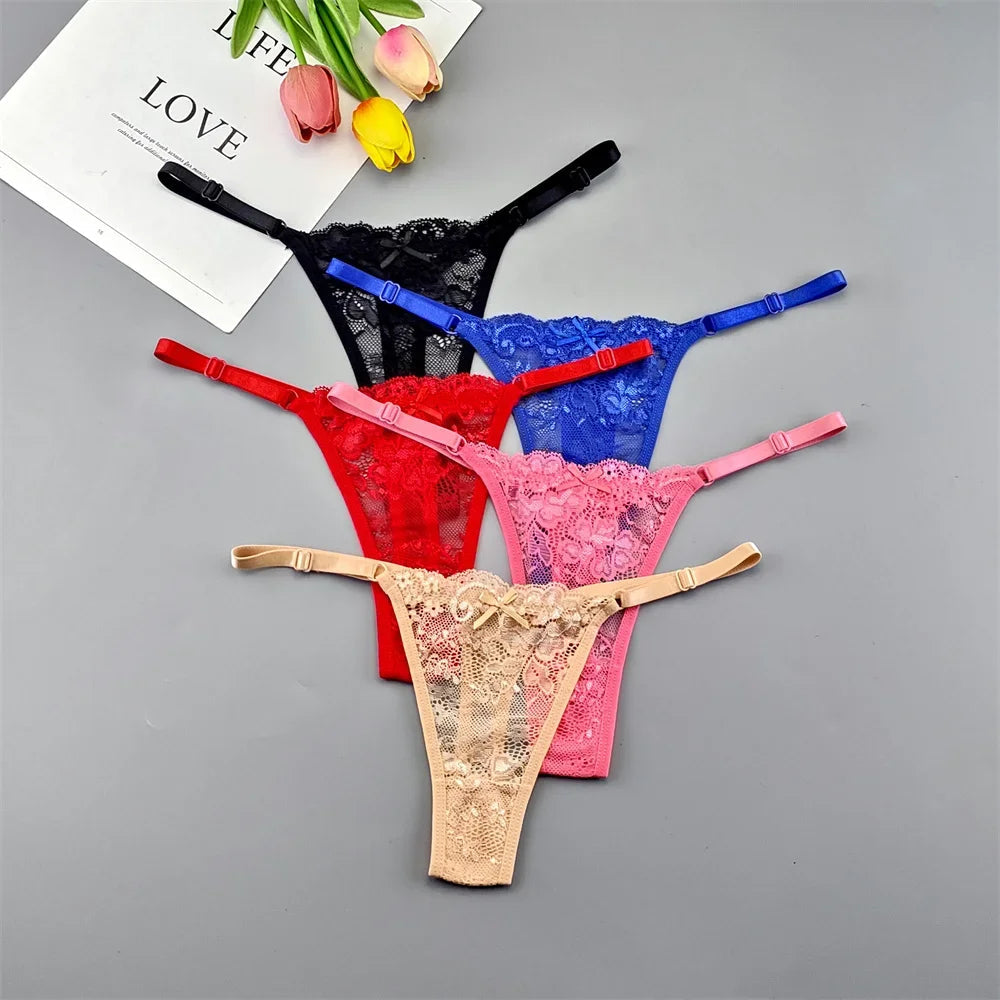 5PCS Free Shipping Seamless Women Thong Panties Adjust Belt Sexy Ice Silk G-string Lady Low Waist Lace Bikini T-back Plus Size TAVEN System LLC