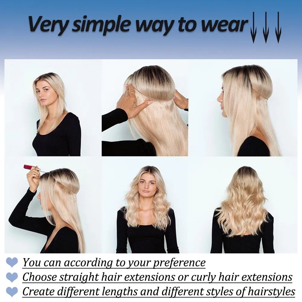 Color: T1B/33/27, Stretched Length: 32inches, Ships From: CHINA - Synthetic Natural Wavy No Clip Fish Line Invisible Hair Extensions Mixed Color Blonde Black Artificial False Hair Piece ForWomen Taven