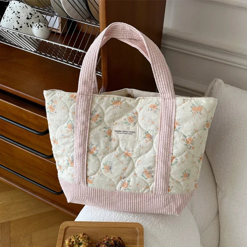 Women Floral Patchwork Tote Bag Retro Cotton Shoulder Shopper Bag