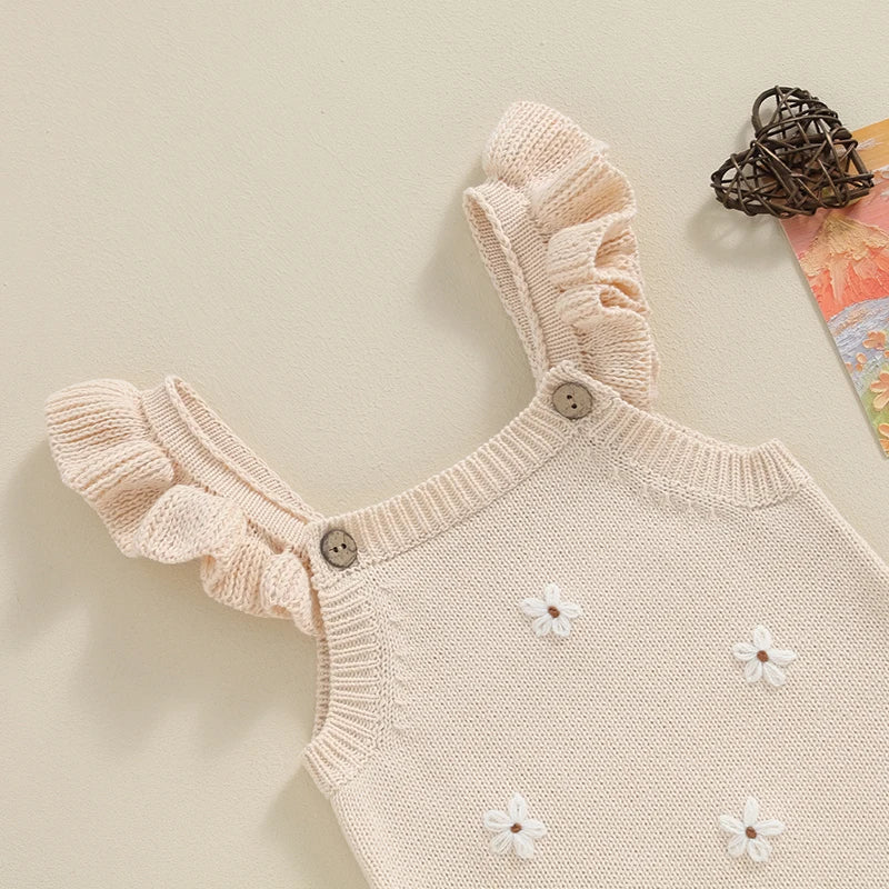 Baby Girl Floral Embroidered Knitted Sleeveless Romper Outfit