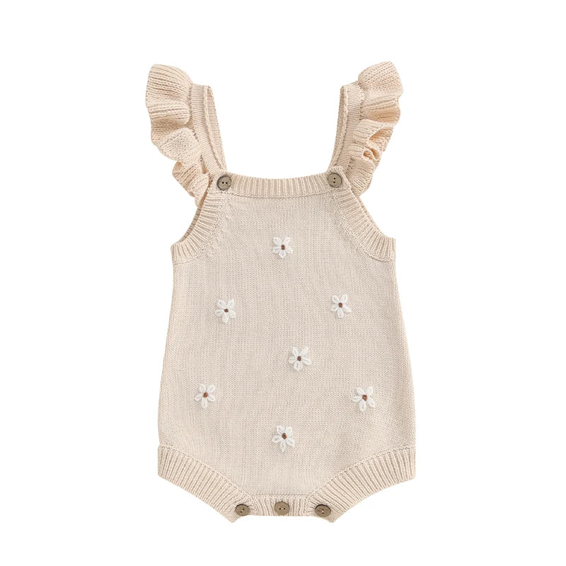 Baby Girl Floral Embroidered Knitted Sleeveless Romper Outfit