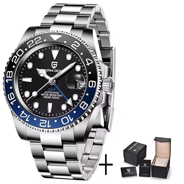 PAGANI DESIGN 40MM Black Gray Dual Tone Automatic Mechanical GMT WATCH Sapphire Glass Stainle Steel Sports luminous Watches men - TAVEN System LLC