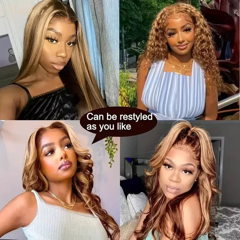 Stretched Length: 22inches, Density: 200% - 13x6 Highlight Brazilian 4/27 Brown Blonde Color Lace Wigs Kinky Straight Transparent Lace Front Human Hair Wig For Women Taven