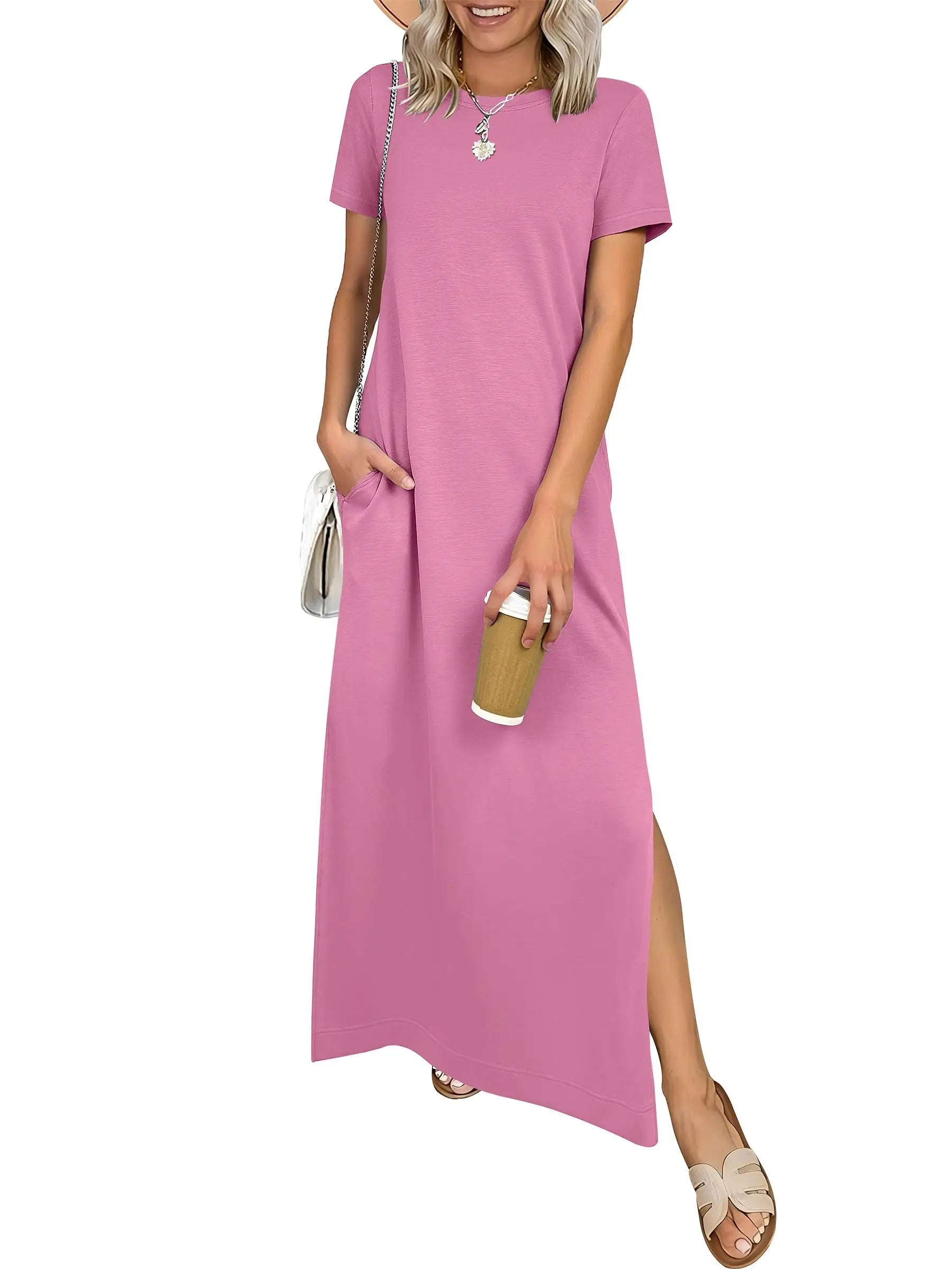 Women Short Sleeve Maxi Dress Crew Neck Side Split Casual Loose Dress