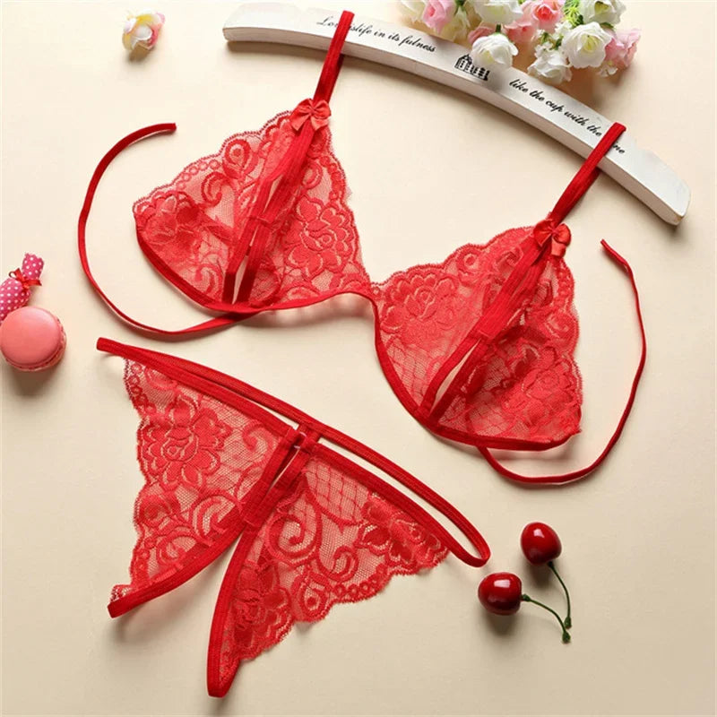 Sexy Lace-up Lingerie Set Women Hot Exotic Open Crotch Transparent Underwear G-string Bandage Bikini Three-point Set TAVEN System LLC