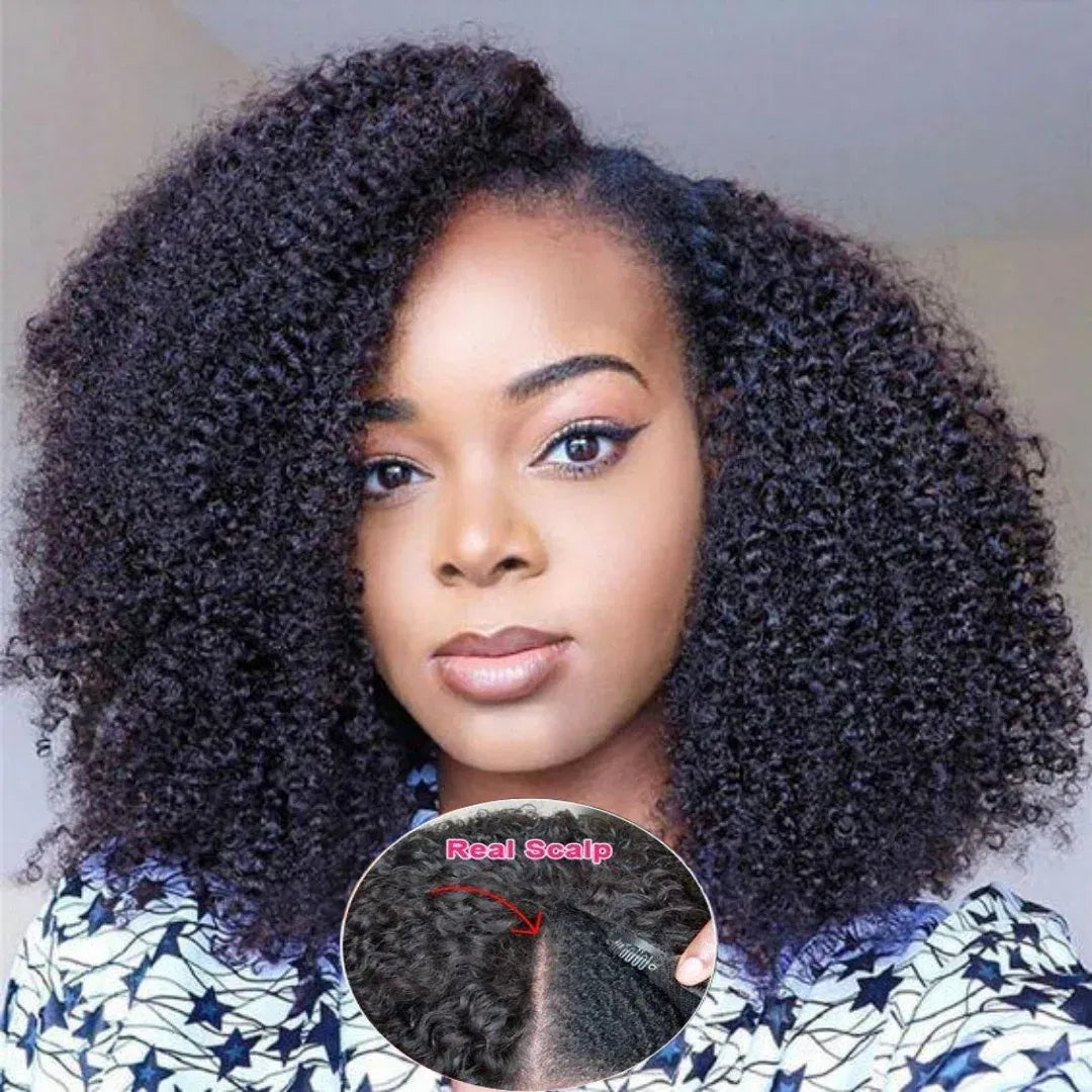 Hair Color: Natural Color, Stretched Length: 12INCHES, Density: 180% - Afro Kinky Curly V Part Human Hair Wigs No Leave Out Natural Black Machine Made Upgrade U Part Curly Wigs Indian Hair For Women Taven