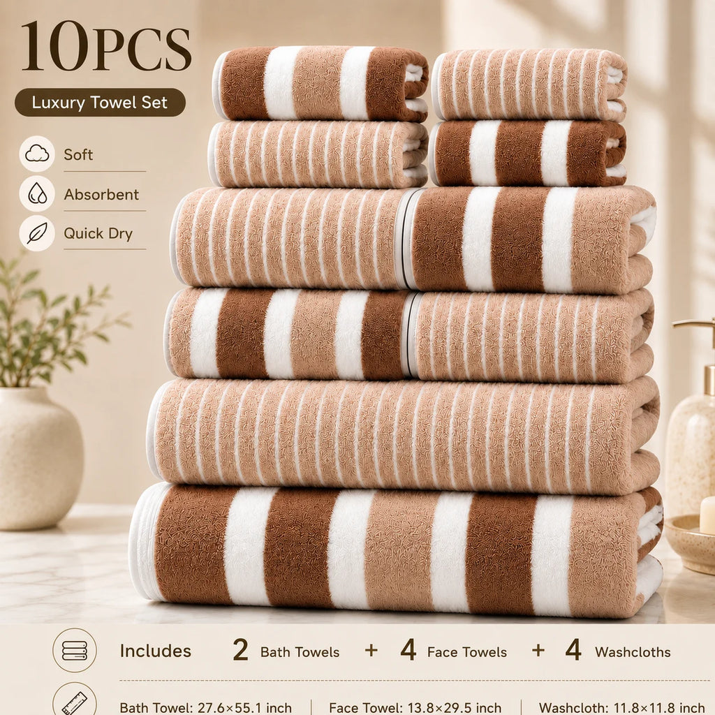 10-Piece Ultra Absorbent Towel Set, Lint-Free & Super Soft Two-Tone Striped Bath Towel Collection, Premium Microfiber Bathroom Towel Set Includes 2 Bath Towels, 4 Face Towels & 4 Hand Towels, Suitable for Bathroom, Spa & Hote TAVEN System LLC