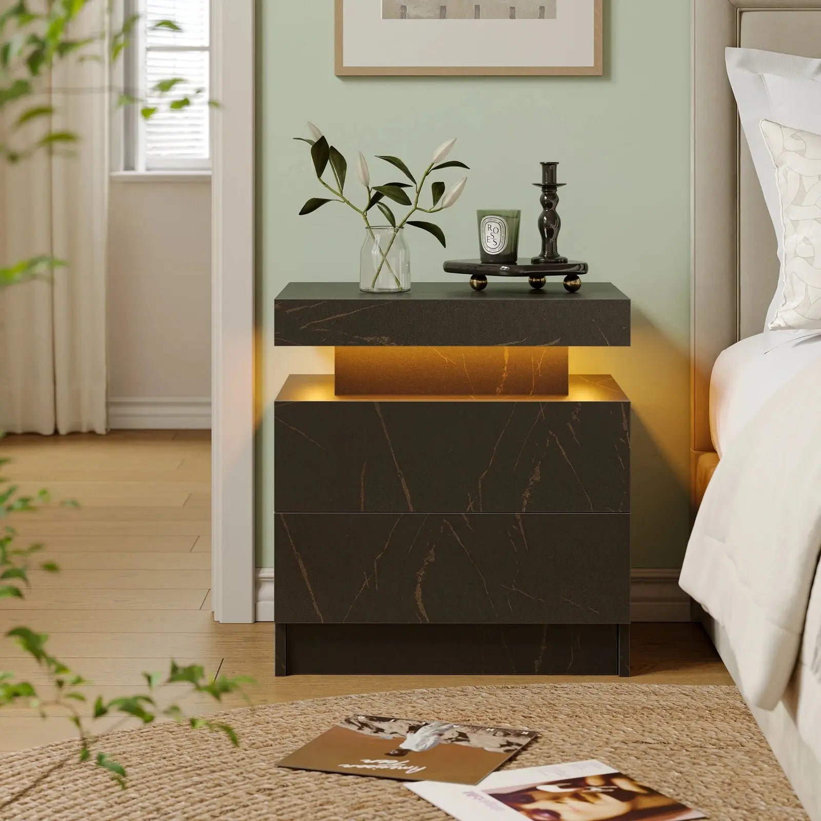 RGB Bedside White Table With 2 Drawers Cubehom LED Nightstand TAVEN System LLC